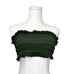 Tory Burch Olive Green Costa Smocked Ruffled Embroidered Bandeau Large